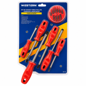 KIT CHAVES FENDA E PHILIPS 16 PEÇAS WESTERN COM BITS VANÁDIO E ESTOJO